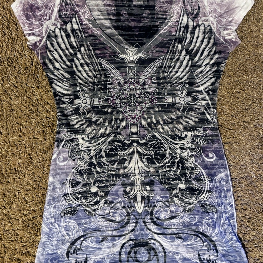 M.FASIS by California Blue woman’s size medium short sleeve sheer graphic design